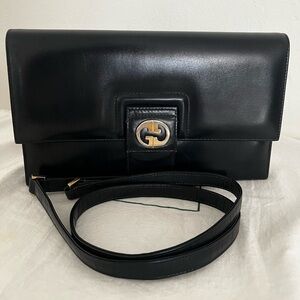 Rare Vintage Gucci Shoulder Clutch Bag Black Leather 1970s